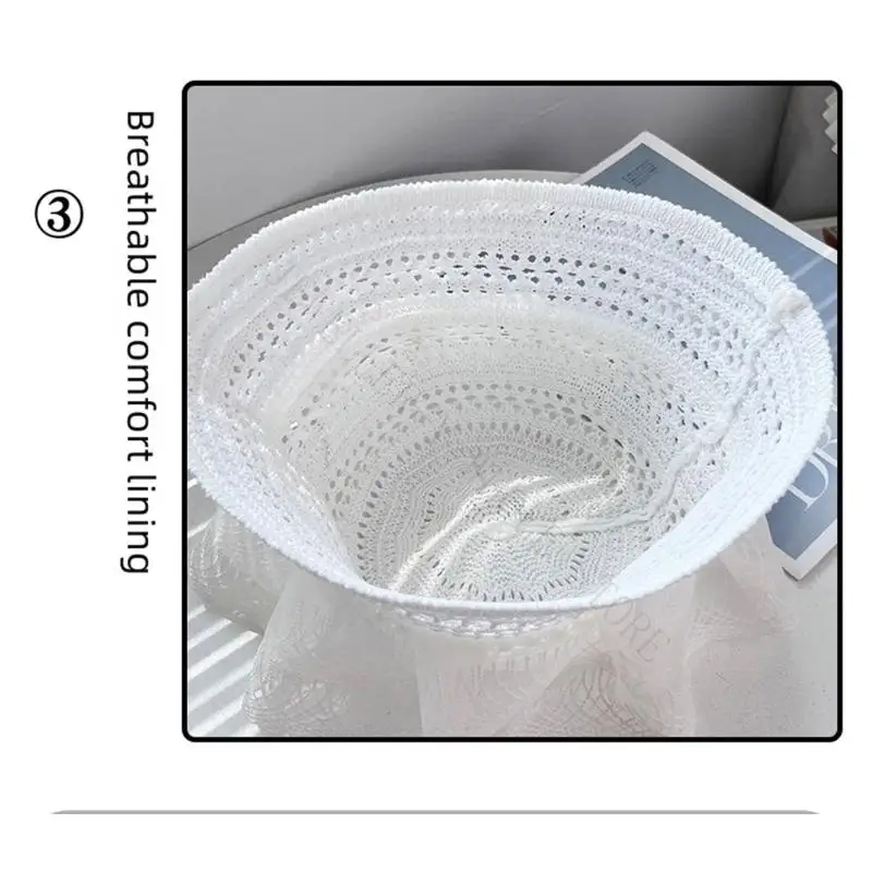 R7UF Lace Knit Bucket Hat for Women, Openwork Crochet Floppy Hat with Artificial Pearls Trim and Scalloped Brims for Travel