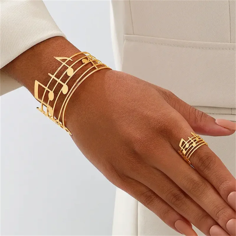 

Women's Vintage Irregular Music Note Bracelet Ring Open Cuff Bracelet Girls' Exquisite Luxury Jewelry Set Party Gift