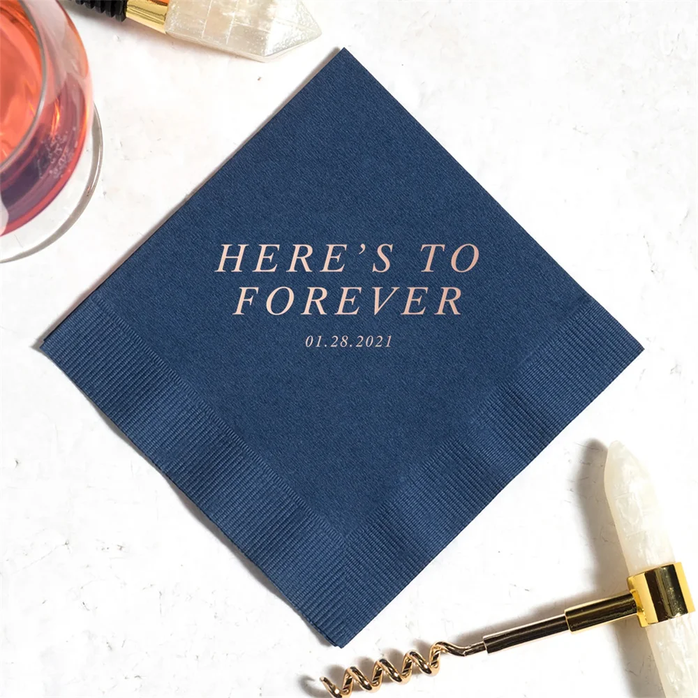 Personalized Wedding Napkins - Here's To Forever Quote - Cocktail Napkin, Foil Stamped Napkin, Wedding, Paper Napkins, Napkins