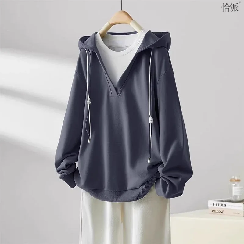 Women Spring Autumn Korean New Hooded Collar Pullover Fashion Design Fake 2-piece T-shirt Loose Large Versatile Long Sleeve Tops