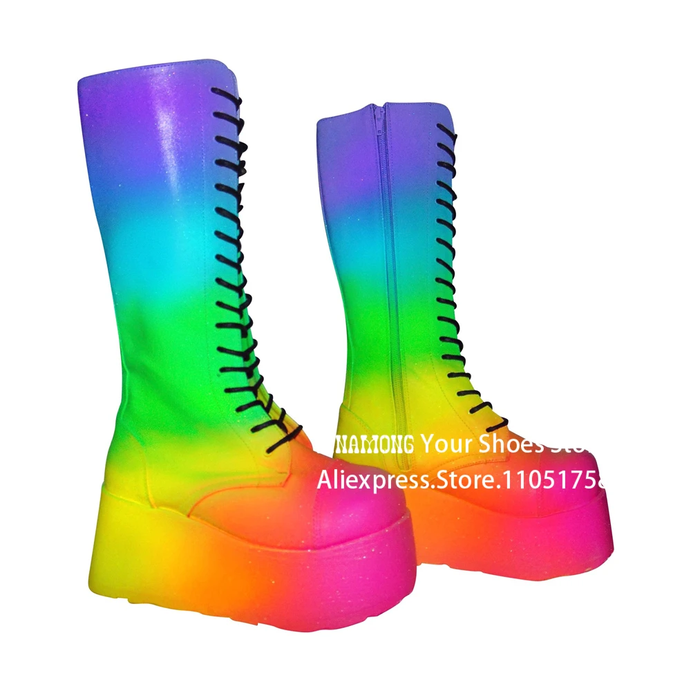 Rainbow Gradient Stained Knee High Boots Cross Strap Wedge Boots Stacked Platform Multicolor Handmade Large Size Boots for Women