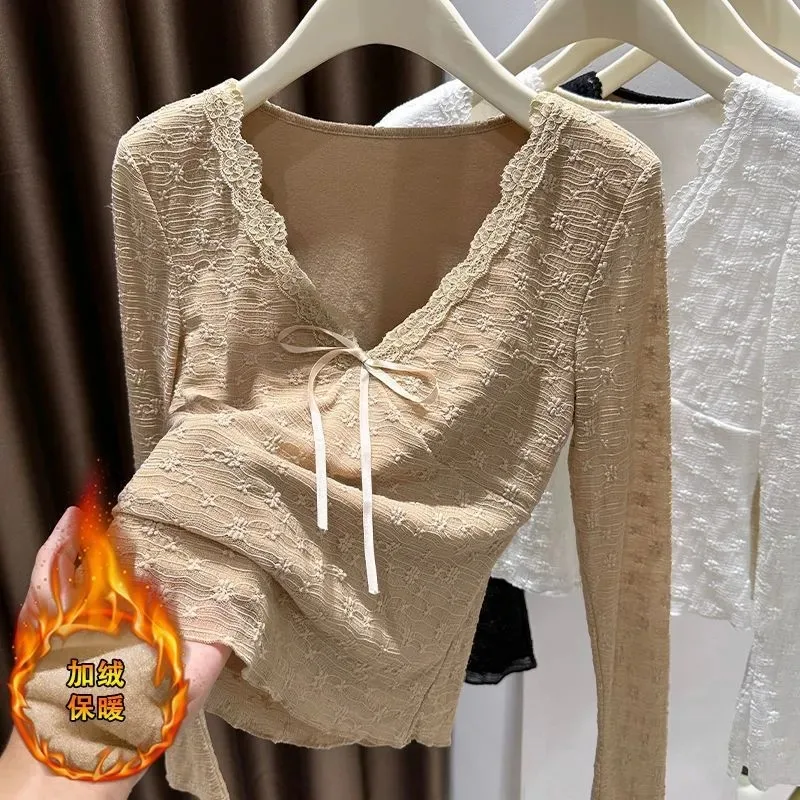 V Neck Lace Trim Fleece Lined Top Women Sweet Spicy Slim Fit Long Sleeve Undershirt
