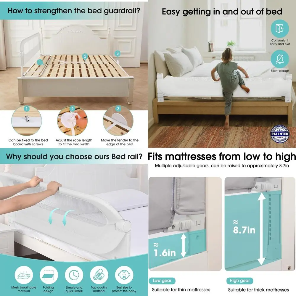 

Очень высокие бортики для детской кровати - 78 регулируемых по высоте защитных бортиков для детей, белые, подходят для односпальных, двуспальных, королевских и двухъярусных кроватей