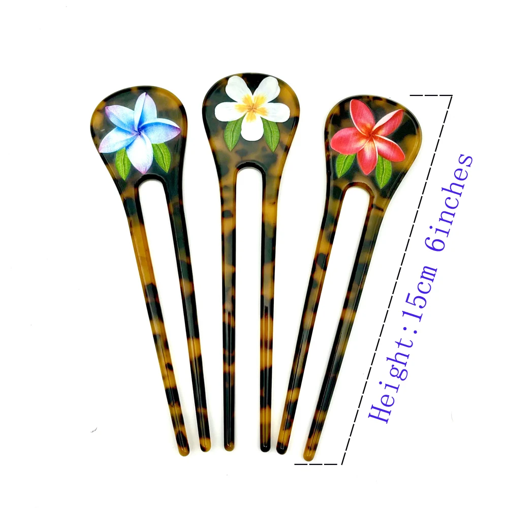 Mystic Faux Tortoiseshell Hair Sticks 2 Prong Plumeria Flowers Printed Hair Picks For Tropical  Women Girls