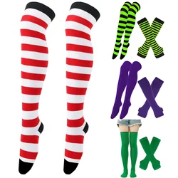 Ensemble de chaussettes rayées au-dessus du genou pour femmes, bas, gants, manches de bras, chaussettes hautes, dames, filles, noir, blanc, long, au-dessus du genou, Lolita, 2023