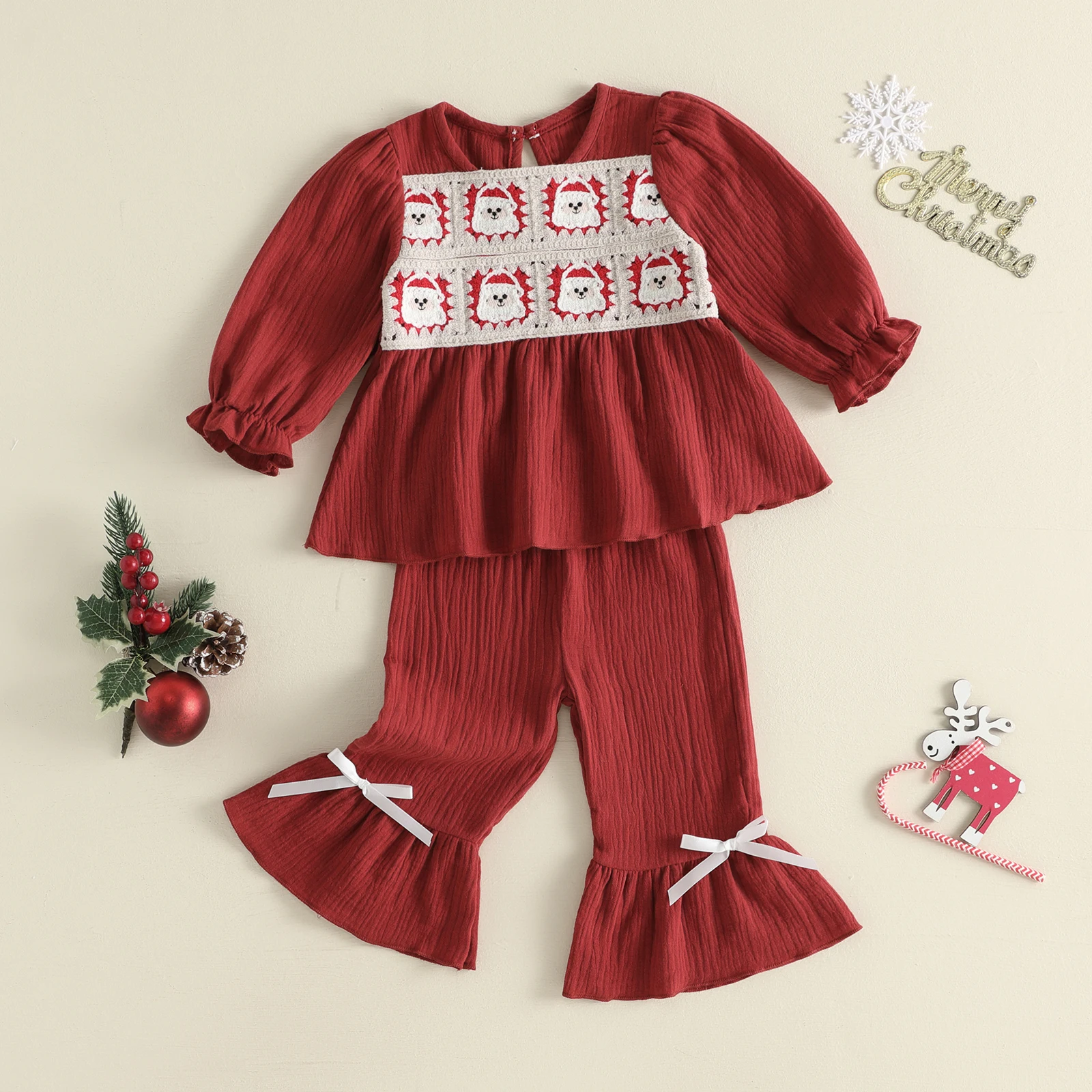 Tregren Toddler Baby Girls Christmas Outfit Casual Long Sleeve Babydoll Tops with Bell Bottom Pants Fall Winter Clothes