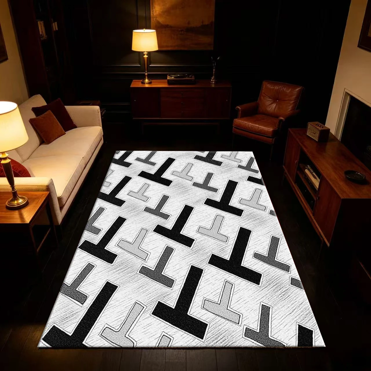 Black Grey H‑Shape Geometric Pattern Carpet Flooring Anti‑Slip Decorative Floor Rug For Living Room Office Home Decor