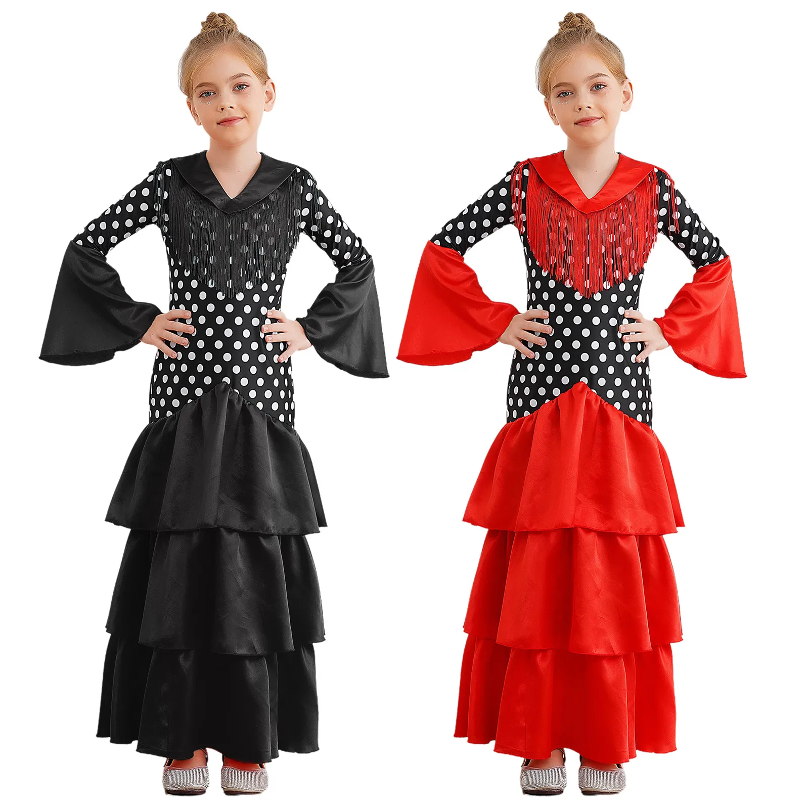Girl Flamenco Dance Costume Flared Tiered Dress Polka Dots Print Dress Stage Performance Dancewear