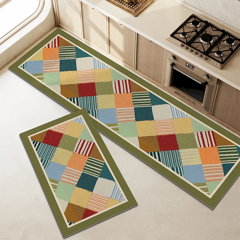 VIKAMA Kitchen Rug Patchwork Plaid & Vintage Moroccan Tile Non‑Slip Anti‑Fatigue Runner Floor Mats Kitchen Home Decor