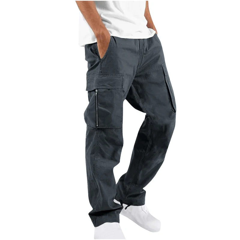 Pantalon cargo tactique en polyester tissé pour homme, multi-poches, coupe droite, taille à cordon, pour randonnée en extérieur, vêtements de travail, décontracté et durable