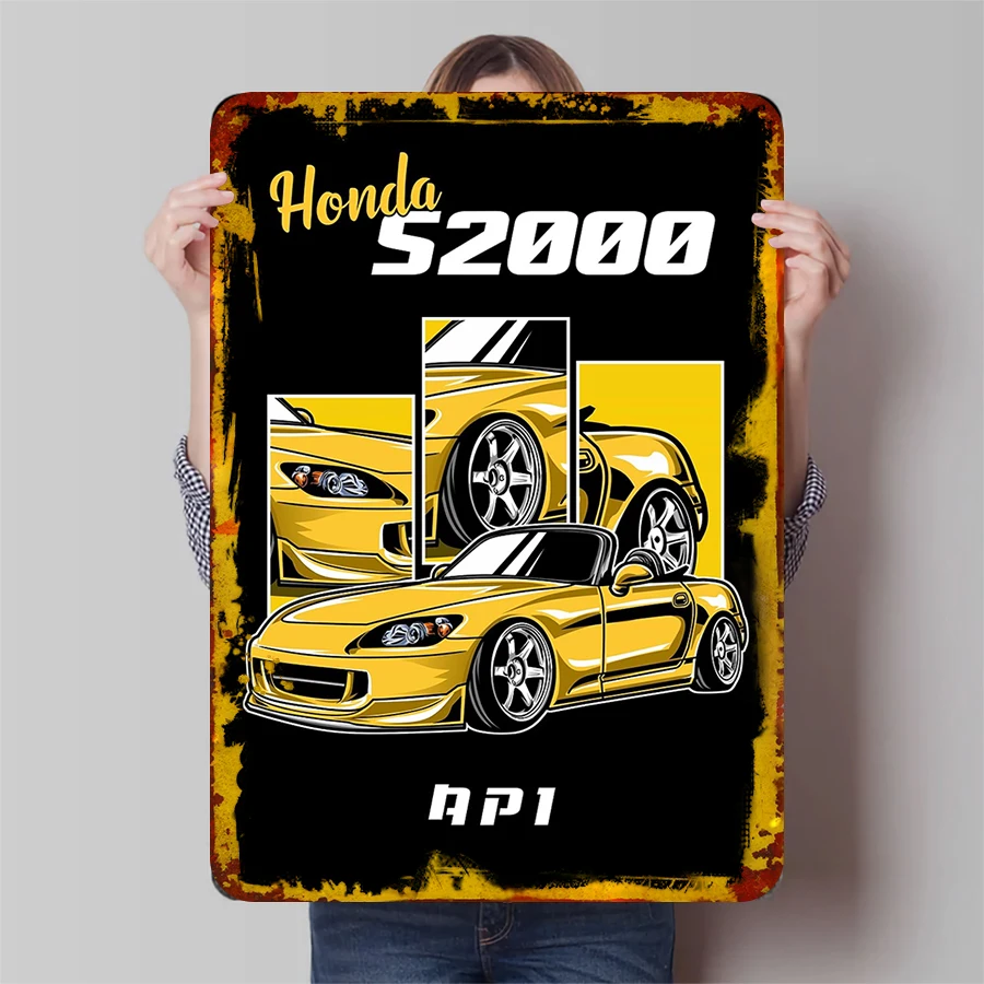 Honda S2000 AP1 Sports Car Metal Wall Art Yellow Convertible Decor for Garage Man Cave
