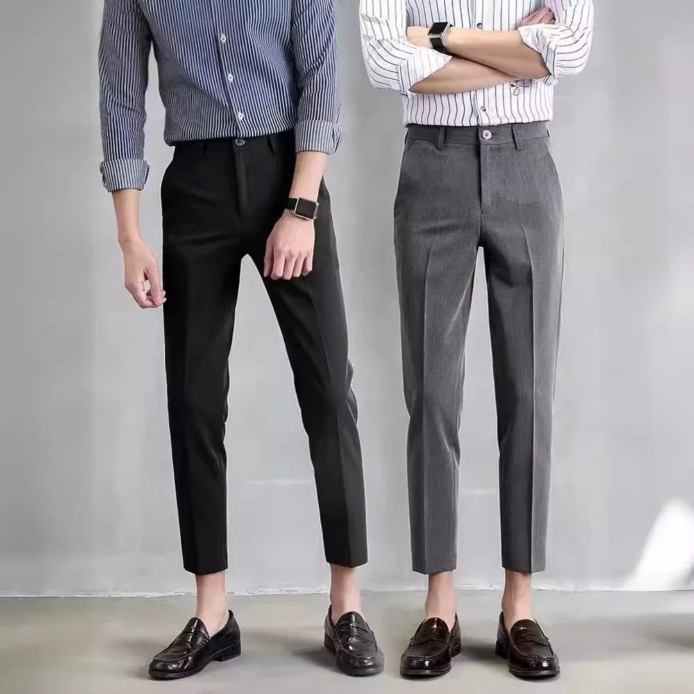 Men's elastic straight leg pants, business casual cropped pants, men's formal suit pants, solid color