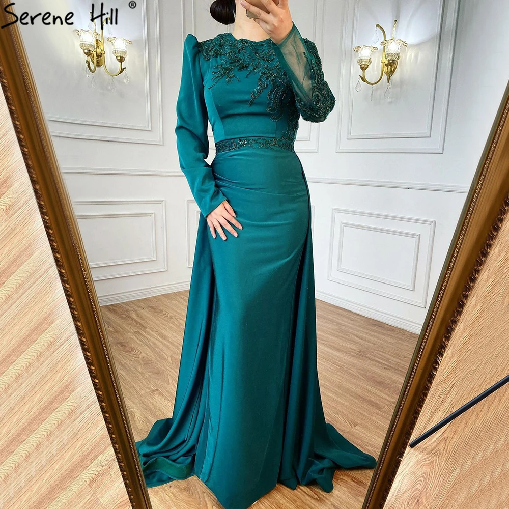 Serene Hill Muslim Green Mermaid Satin Evening Dresses Gowns 2024   Beaded  LA71124 Customized