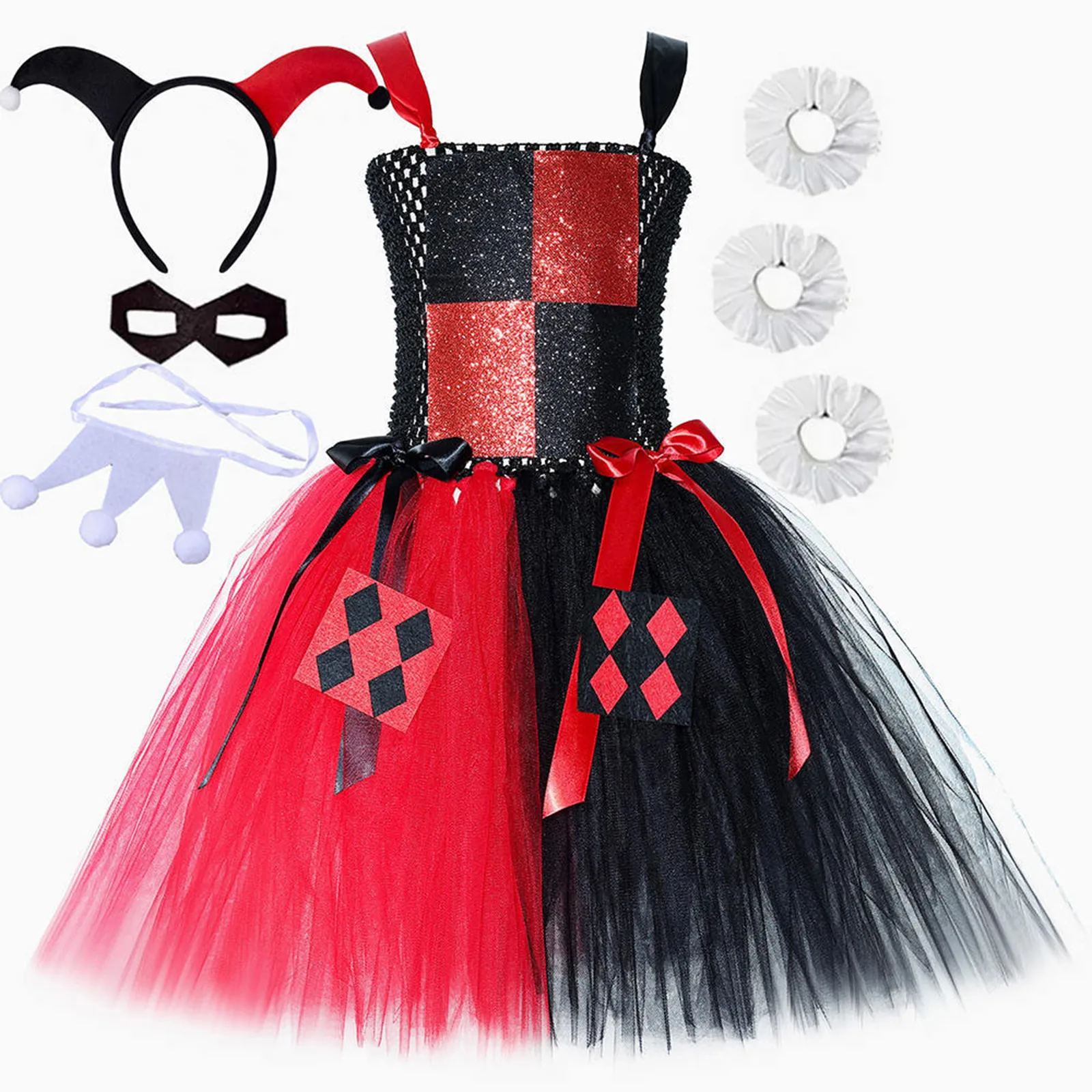 Girls Halloween Cosplay Queen Gown Tutu Dress Circus Clown Costume Hollow Out Patchwork Puffy Dress Christmas Birthday Party Set