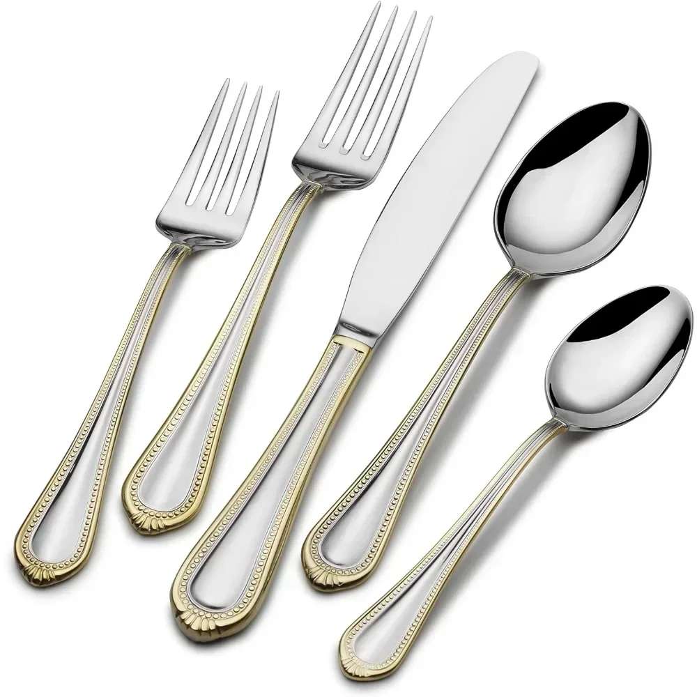 

Regent Bead Gold 65-Piece Stainless Steel Flatware Set French Tableware Service for 12 Dinnerware Sets Utensils for Kitchen Fork