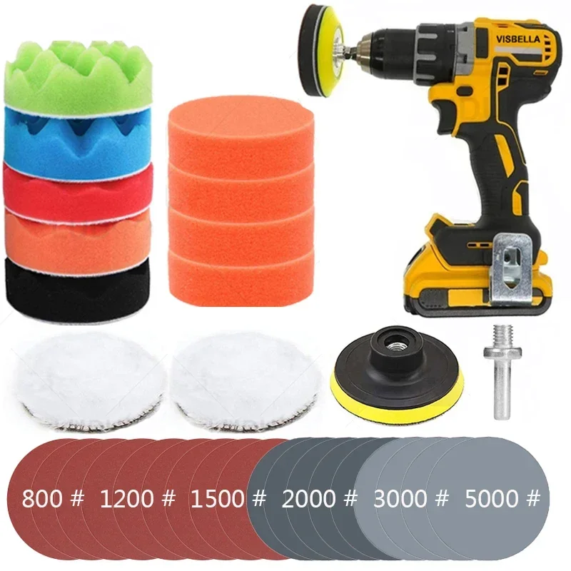 Car Polishing Pad Waxing Sponge Kit Auto Detailing Sandpaper Buffing Sanding Disc Polisher Drill Car Adapter Headlight Restorati