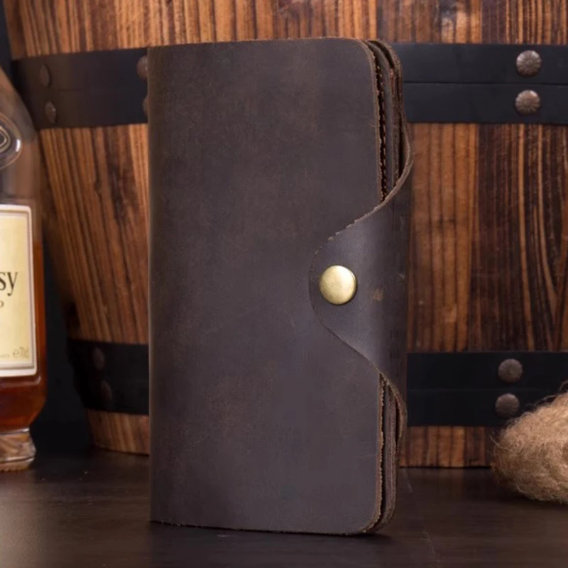 Crazy Horse Leather Wallet, Vintage Cowhide Medium-long Card Holder, Genuine Leather Buckle Purse, Handmade Men's Wallet.