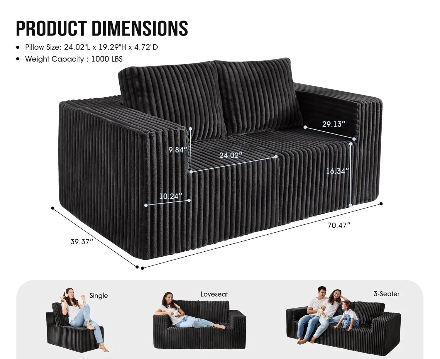 2-Seater Modular Sofa Deep Seat Oversized Sectional Grey Loveseat Fabric Memory Foam No Assembly Cloud Chair Pillows Living Room