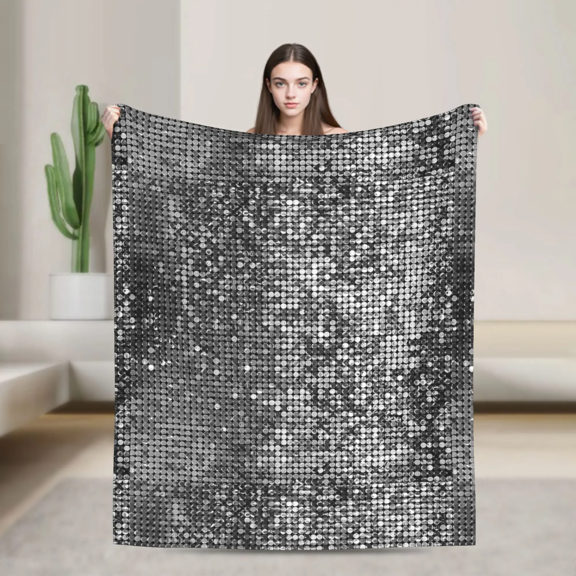 Silver Sequins Print Soft Blanket  Camping Plush Throw Blanket Comfortable Home Decor Flannel Bedspread Sofa Bed Cover