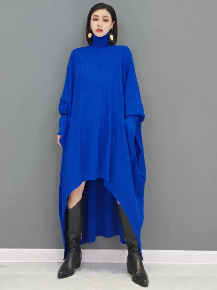 SHENGPAIAE Pleated Long Sleeve Turtleneck Irregular Dress Wool Sweater Sweater Loose Robe Dresses Women 2024 Female New 5Q694