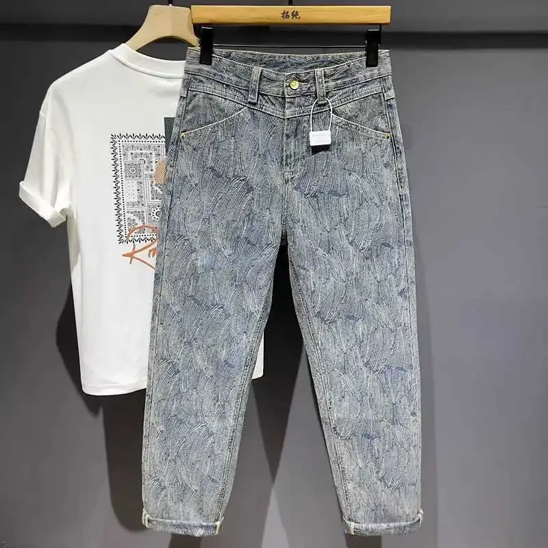 American Retro Trendy Brand Jacquard Design Men's Autumn and Winter Loose Straight Tube Trendy and Cool Casual Denim Pants