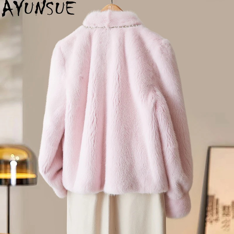 AYUNSUE 밍크 퍼 코트 여성용 2025 핑크 겨울 의류 여성용 고품질 코트 여성 패션 펠츠만텔