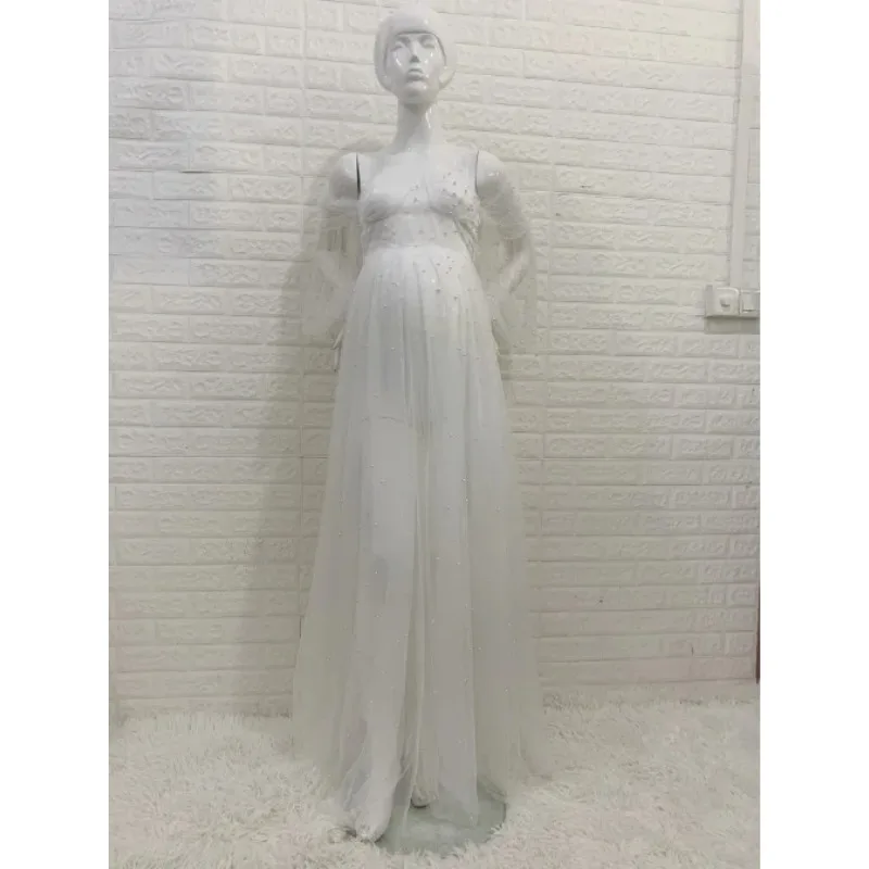 Adereços para fotografia de maternidade, vestido denso com fio branco pérola, roupas para fotografia de maternidade, vestido de chá de bebê, sessão de fotos grávida