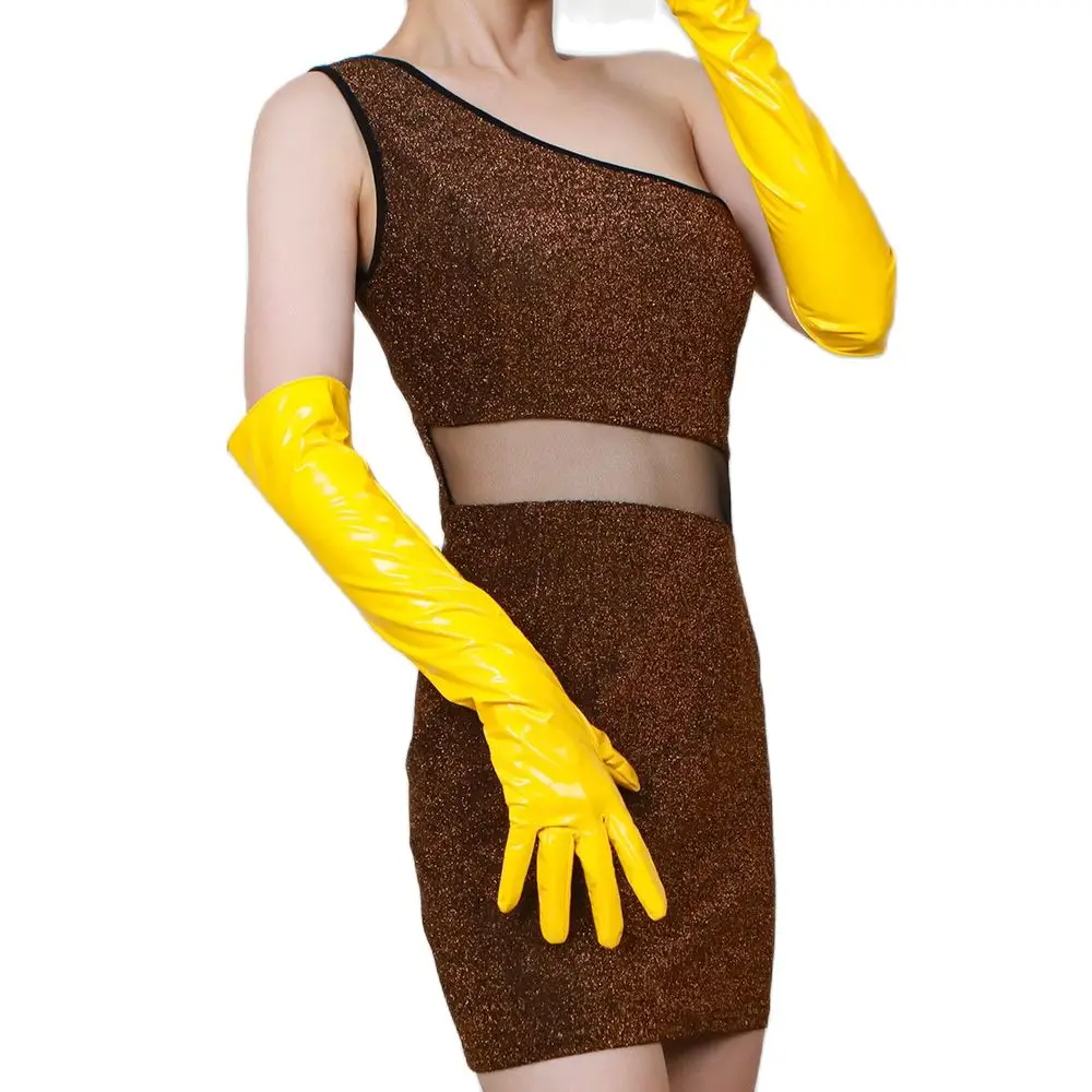 

50cm Patent Leather Gloves Female Faux Leather Imitation Sheepskin PU Women Long Gloves Mirror Bright Yellow HPU79