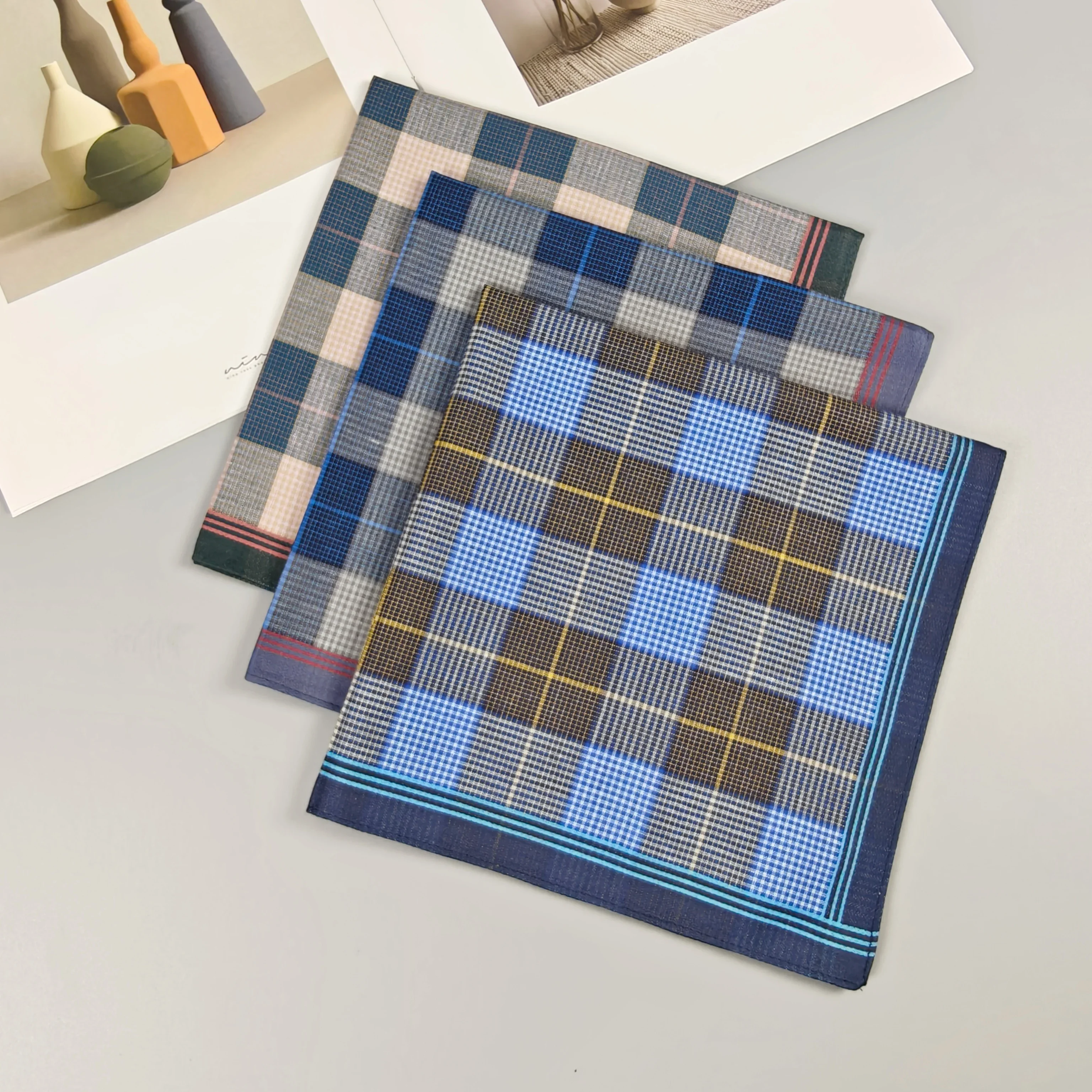 3PCS Fabric Handkerchief Thin Men's Business Plaid European and American Fabric Outdoor Decorations Soft 15.7 Inches