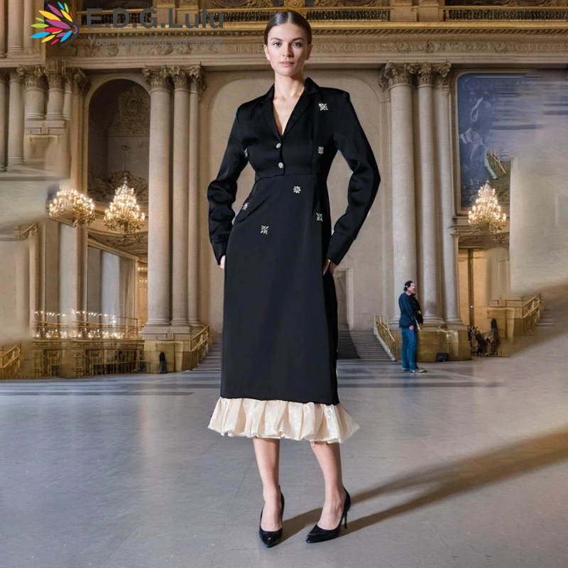 EDGLuLu 2025 otoño nuevo cuello en V uñas diamante empalme vestidos largos de lujo elegante Patchwork satén con volantes vestido negro 1009