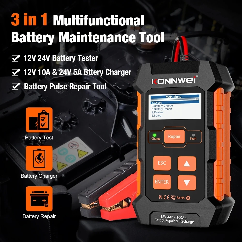 Professional Car Truck Battery Tester KONNWEI KW520 for 12V 24V 10A 5A Lead Battery Pulse Repair Tool AGM Gel Lithium Tester