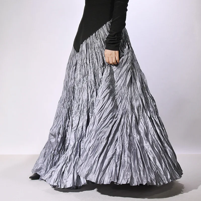 High Quality Women Spring Long Skirts Wide Hem Pleated Design High Waist A-Line Dance Maxi Skirts Faldas Femme Streetwear