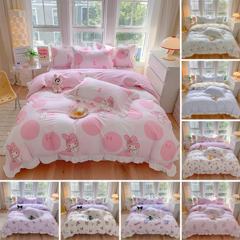 

Sanrio Kids Bedding Set Kuromi Cinnamoroll Mymelody Duvet Cover Bed Sheet Pillowcase Bedsheet Double Single King Queen Twin Size