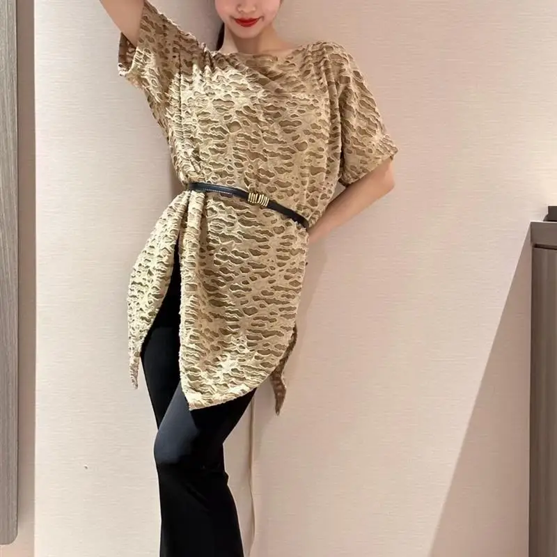 カスタムメイドのラテンダンスドレス、イレギュラーなルーズカバーシャツ、斜め肩の五分袖、ベルト付き、教師の練習用