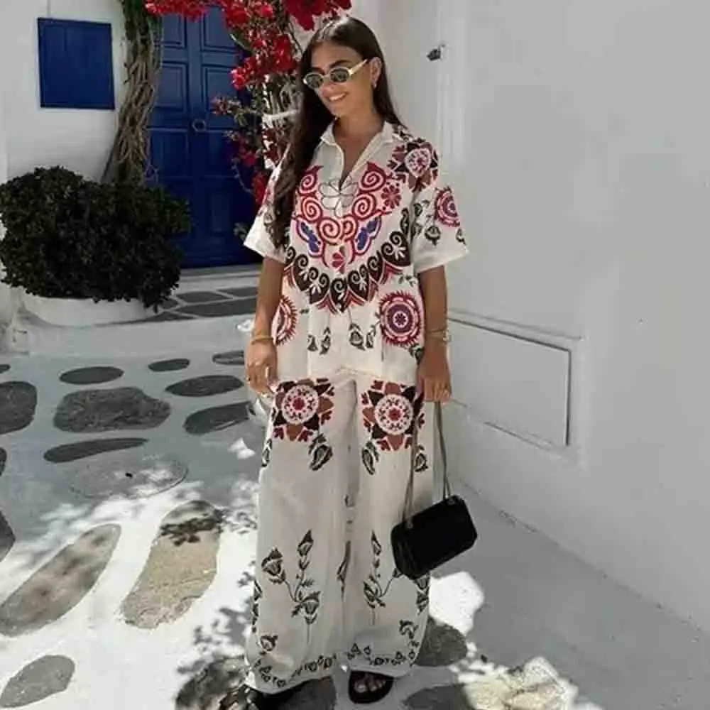 PB&ZA2024 Summer New Product Casual Women's Fashion Simplicity Positioning Printed Shirt Short Sleeve Long Pants Set