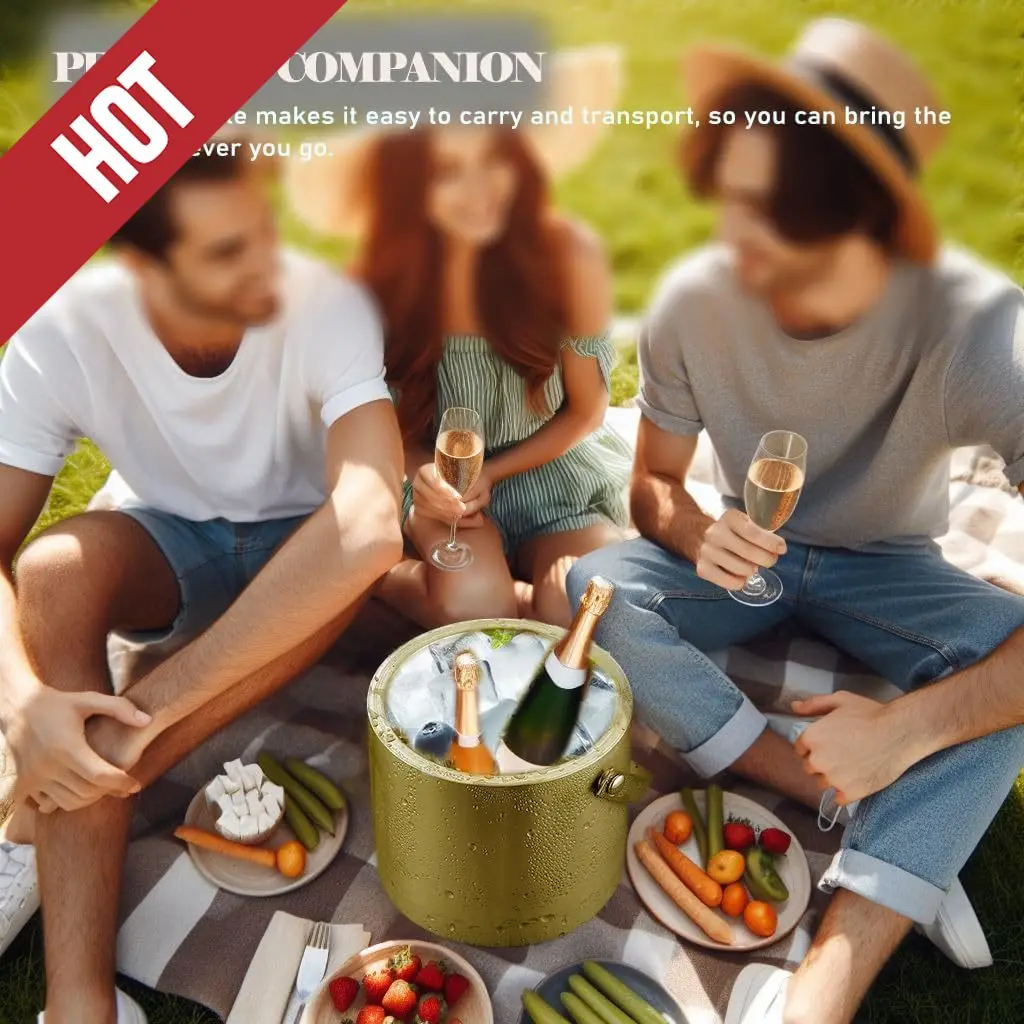 

Gold Ice Bucket With Lid, Handle & Tong Insulated Stainless Steel Champagne Bucket 3L Wine Bucket For Party Bar Cart Accessories