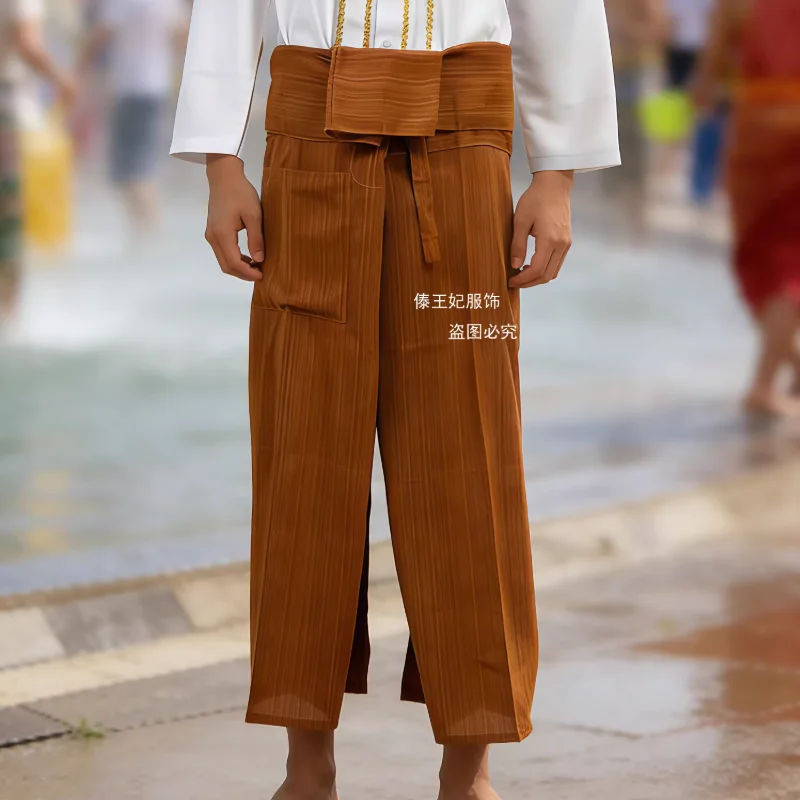 Chinese Dai Traditional Lace Up Wide Crotch Pants Water Splashing Festival men's Retro Pants