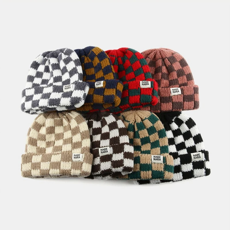 Fashion Plaid Knitted Beanies Hats Winter Skullies Warm Hat Extra Large Head Circumference Checkerboard Casual Beanie Caps