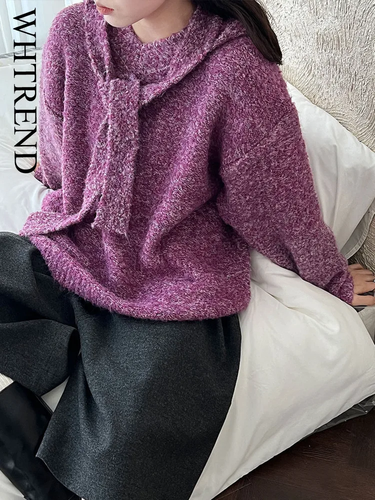 

WHTREND Теплый шерстяной вязаный свитер со съемной шалью, состоящий из двух частей, женские модные свитера WH1925