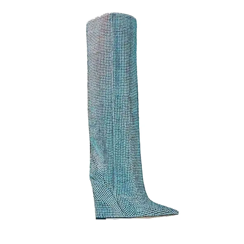 

2023 Autumn/Winter New Sexy Show Women's Boots Shiny Rhinestone Knee Length Boots Pointed Wedge Sleeve High Heels