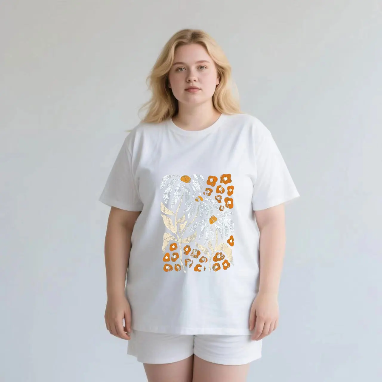 

Large pattern printing plus size Ladies' casual short sleeved T-shirt white