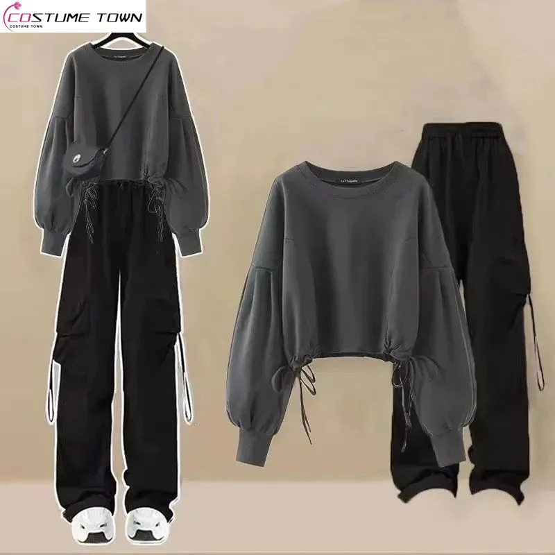 

Autumn Sweet Cool Set Women's Korean Loose Design Long sleeved Top+Handsome Workwear Pants Two Pieces Trendy