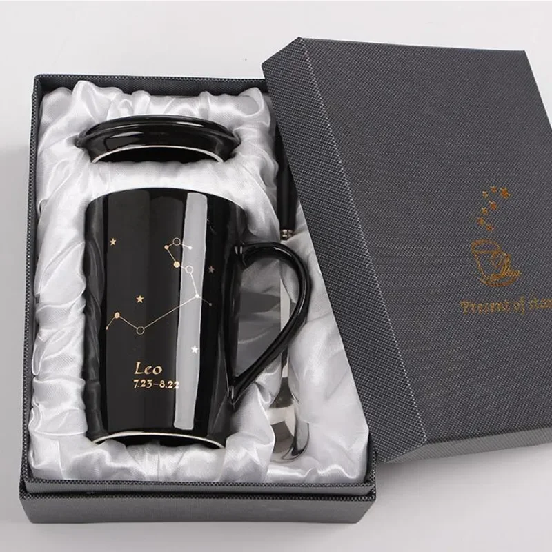 Con caja de regalo, tazas de cerámica de 12 constelaciones, tapa de cuchara, porcelana negra y dorada, taza de café con leche del zodiaco, agua de 400ML