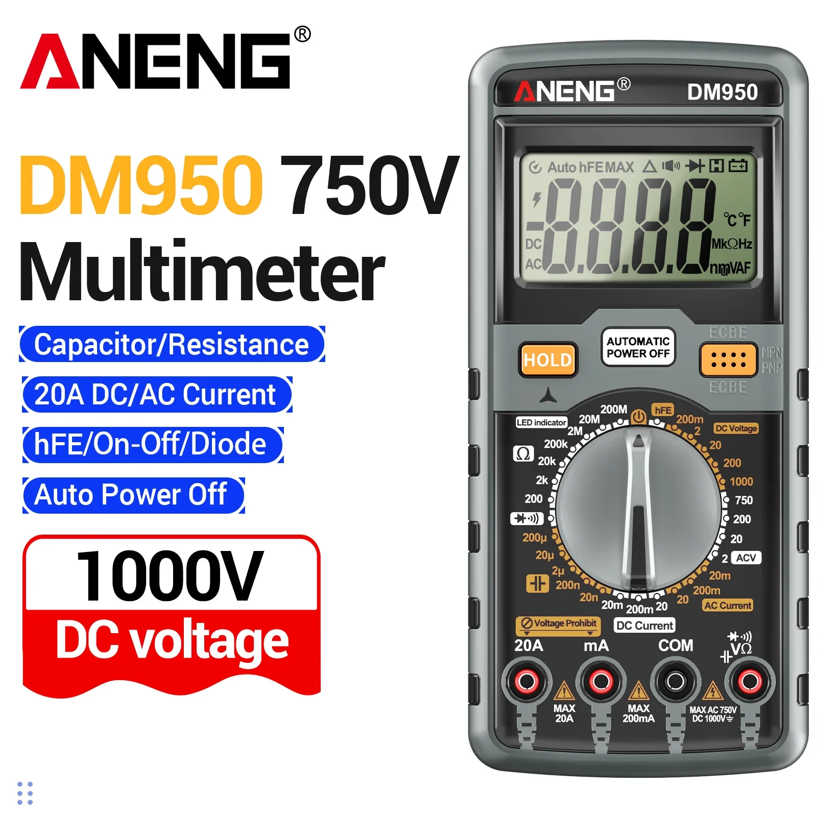 ANENG DM950 1999 Counts Digital Tester DC AC 1000V 20A Transistor HFE Capacitance Data Hold Auto Off Electric Maintenance Meter