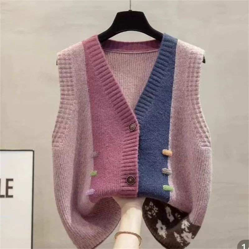 Sweater Knit Cardigan Spring Autumn Women Vest New Fashion Loose All-match Sweater Waistcoat Ladies V-neck Sleeveless Top