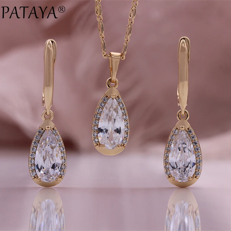 

PATAYA 2024 New Champagne Gold Color Drop Earrings Pendant Necklace Rings Hollow Set Luxury Anniversary Gift Women Jewelry Set