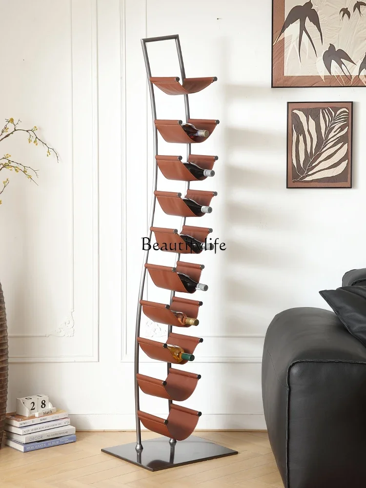 

z.Mild Luxury Retro Saddle Leather Wine Rack Living Room Decoration Modern Simple Stainless Steel Display Stand