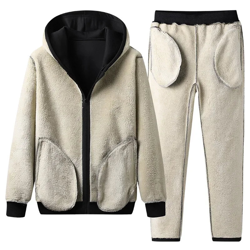 Winter Tracksuit Men Lamb Wool Sport Sets Running Joggers Suit Male Fleece Hoodies Pants Thicken Warm Men Clothing Sportswear