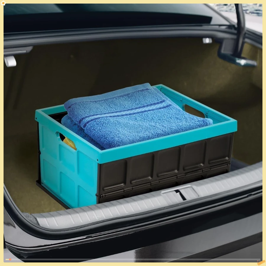 Collapsible Storage Bin with Lid - 48L Foldable Plastic Box , Organization - Stackable Lidded Container with Handles, Turquoise