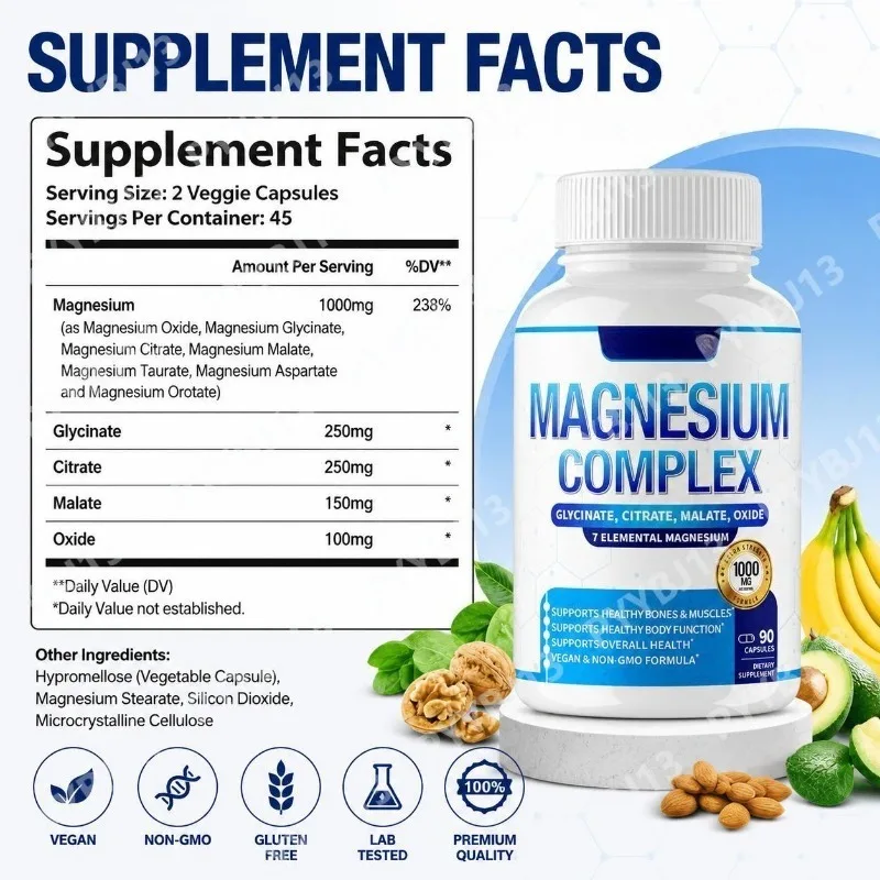 Googeer Magnesium Complex Capsules 7-Form Elemental Magnesium Supports Restful Sleep and Healthy Bones and Muscles 90 Capsules